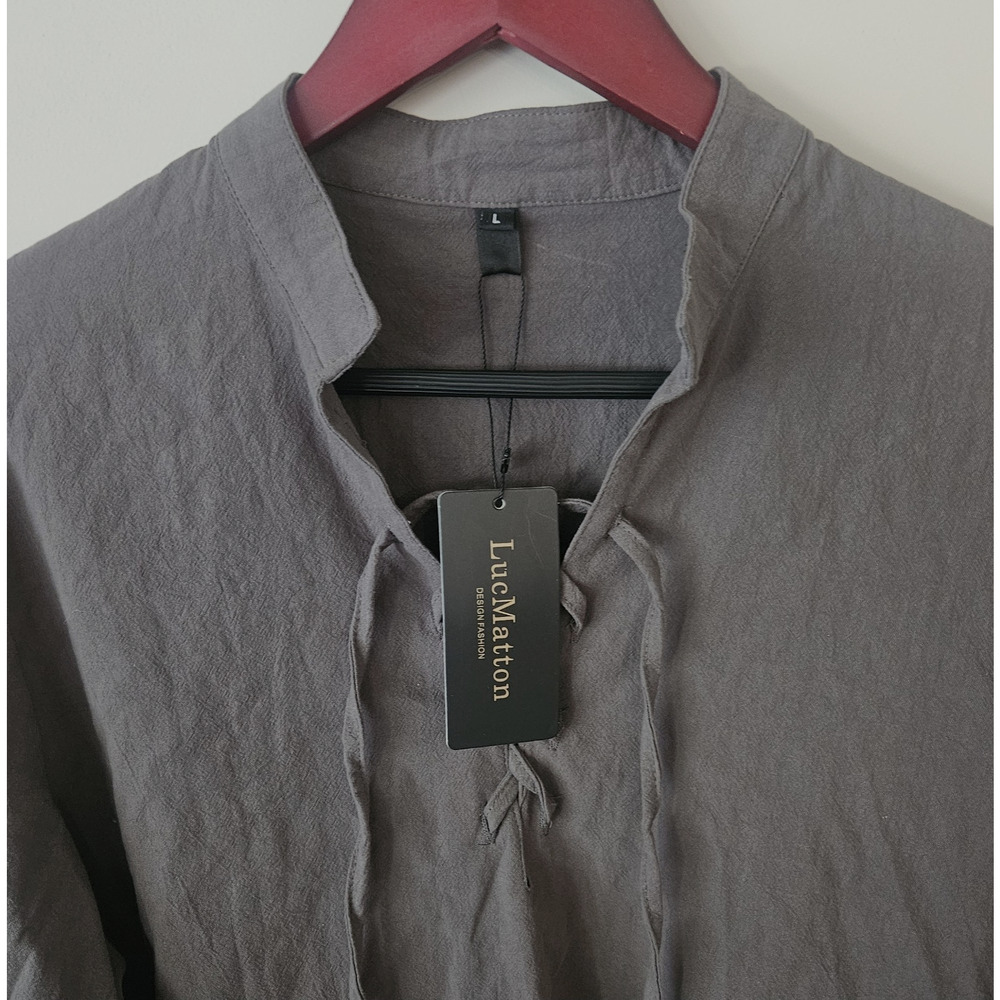 Luc Matton NWT Men's Summer T-Shirt V-Neck Drawstring Tied Collar Long Sleeve L - Picture 3 of 5